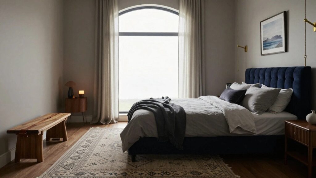 23 Elegant Upholstered Bed Frame Ideas With a Luxurious Feel Bedroom featuring a navy blue tufted velvet upholstered bed frame on a wood floor, flanked by wooden nightstands with lamps, a bench at the foot, and an arched window with gray curtains overlooking hills.
