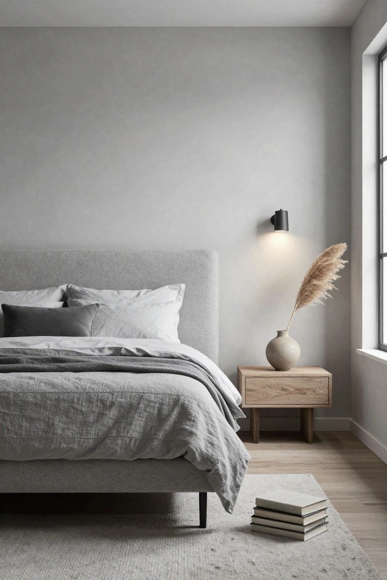 A modern bedroom with a gray upholstered platform bed, beige linen bedding and pillows, wooden nightstand with beige vase of pampas grass, black wall-mounted light, window with black frame, light gray rug, and stacks of white books on oak flooring.