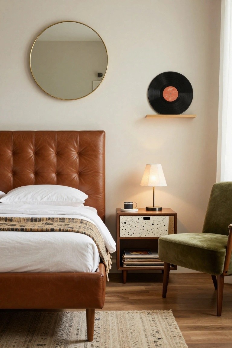 Bedroom with tan tufted leather upholstered bed frame and matching side rails, white bedding, wood nightstand with lamp and mug, green velvet chair, gold round mirror, and vinyl record on shelf against beige wall.