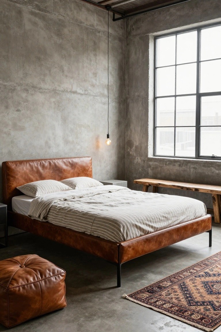 A bedroom in an industrial loft space with exposed concrete walls and floors, featuring a tan leather upholstered platform bed with metal legs, white striped bedding, a wooden bench, leather pouf, side tables, pendant light, large windows, and a patterned rug.