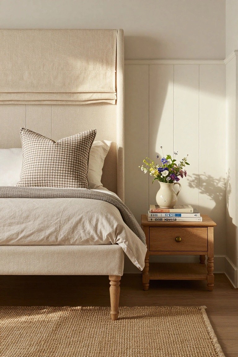 Beige upholstered bed frame with linen bedding and checkered pillows on a white paneled wall, next to a wooden nightstand holding books and a vase of wildflowers, with a seagrass rug on hardwood floor.