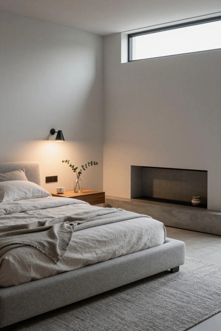Modern bedroom corner with low gray upholstered platform bed draped in white linens, floating wooden nightstand holding eucalyptus in vase and white cup, black wall sconce, and recessed fireplace on concrete base.