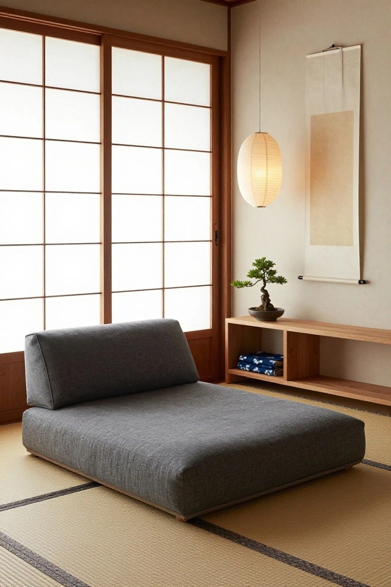 A low gray upholstered platform bed on tatami mats in a Japanese-style interior with shoji screen doors, a hanging paper lantern, bonsai tree on a wooden shelf, and neutral walls.