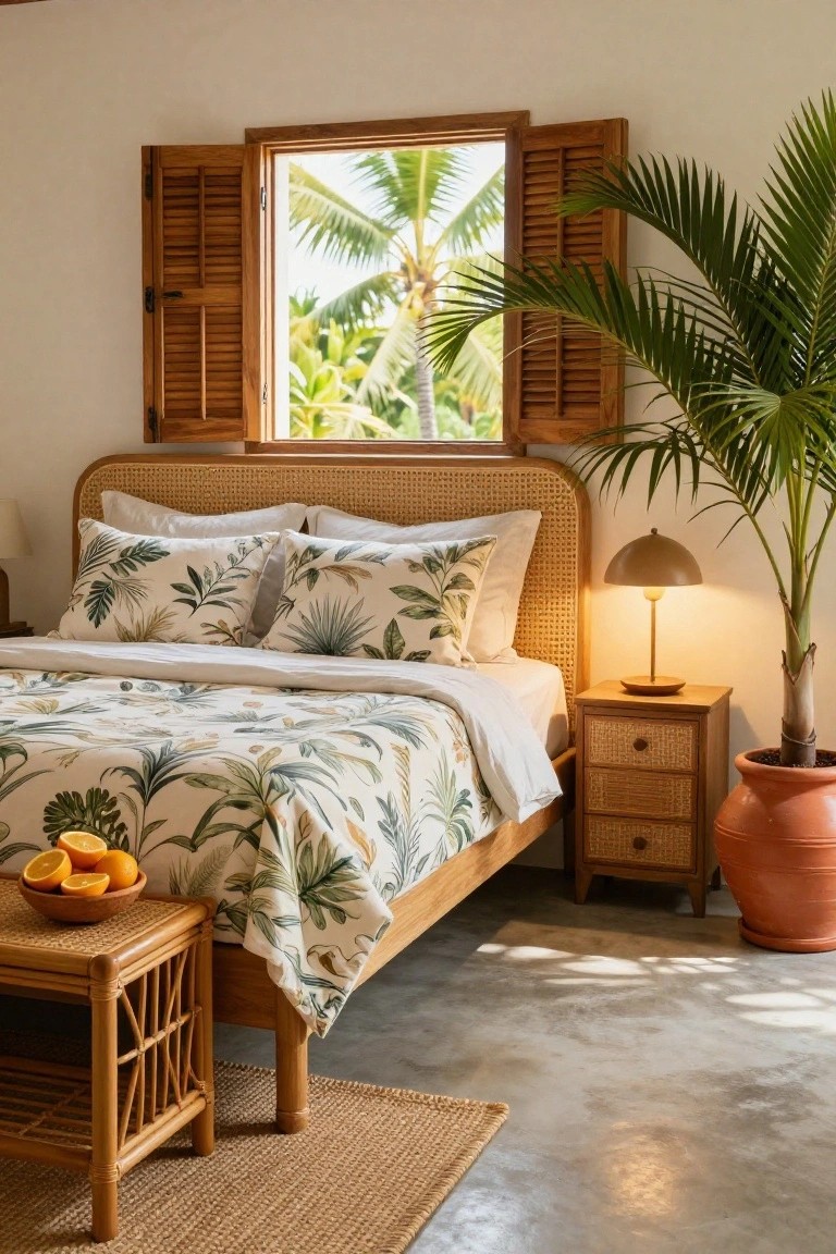 A bedroom with a beige rattan bed frame, white bedding printed with green leaves and palms, wooden nightstand and lamp, potted palm plant in terracotta pot, wooden tray of oranges on side table, open louvered shutters showing tropical palms outside, and seagrass rug on concrete floor.