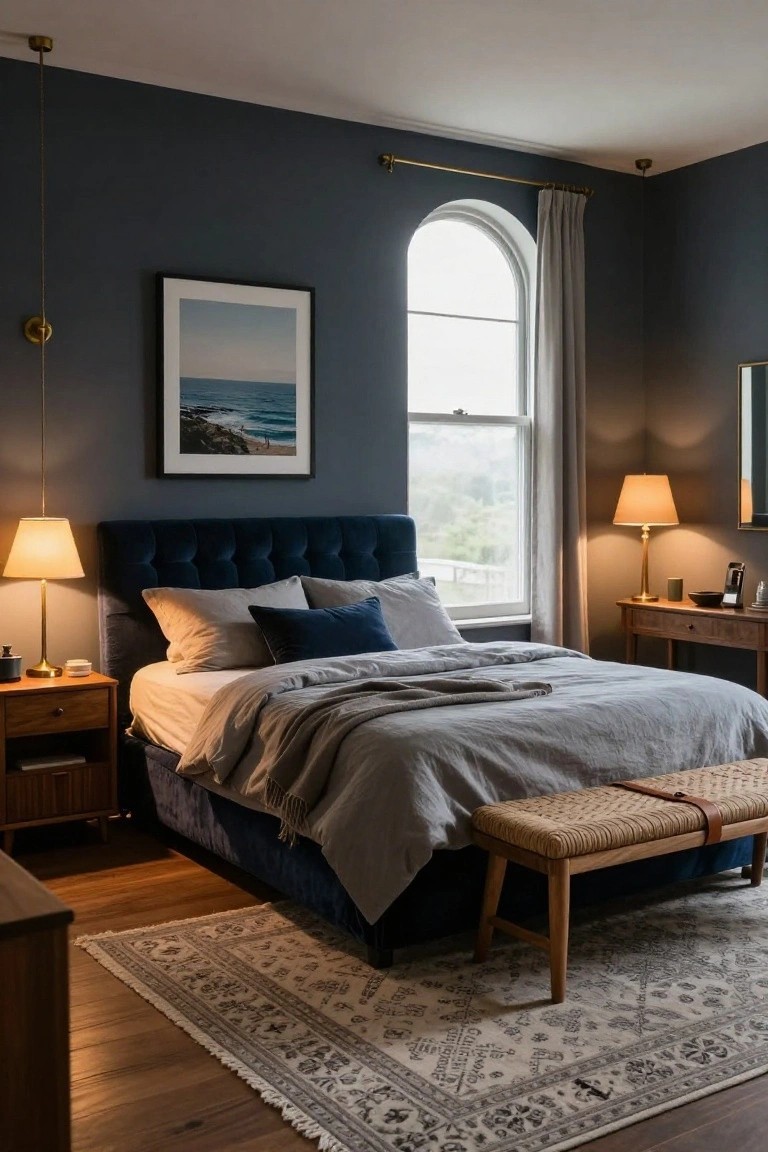 Bedroom featuring a navy blue tufted velvet upholstered bed frame on a wood floor, flanked by wooden nightstands with lamps, a bench at the foot, and an arched window with gray curtains overlooking hills.