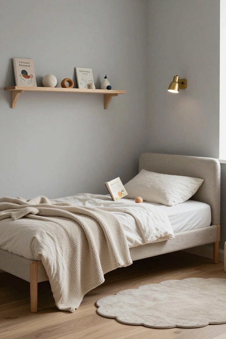 Corner of a pale gray child's bedroom with a beige upholstered single bed, rumpled white sheets and knit throw, wooden floating shelves holding books and pottery, wall-mounted gold lamp, and scalloped cream rug on light oak floors.