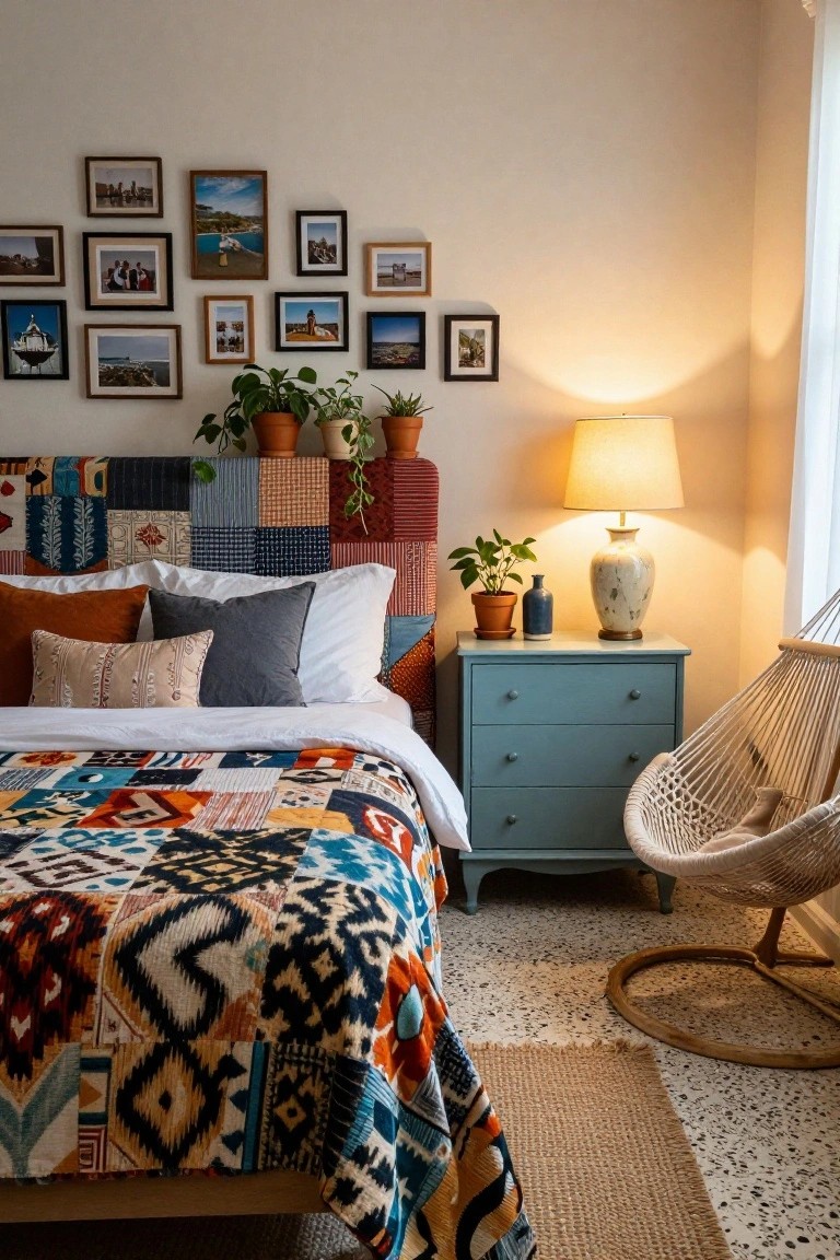 Bedroom with a bed featuring a multicolored patchwork upholstered headboard, assorted pillows and quilted bedspread, teal dresser with lamp and plants, hanging chair, and assorted framed photos on the wall.