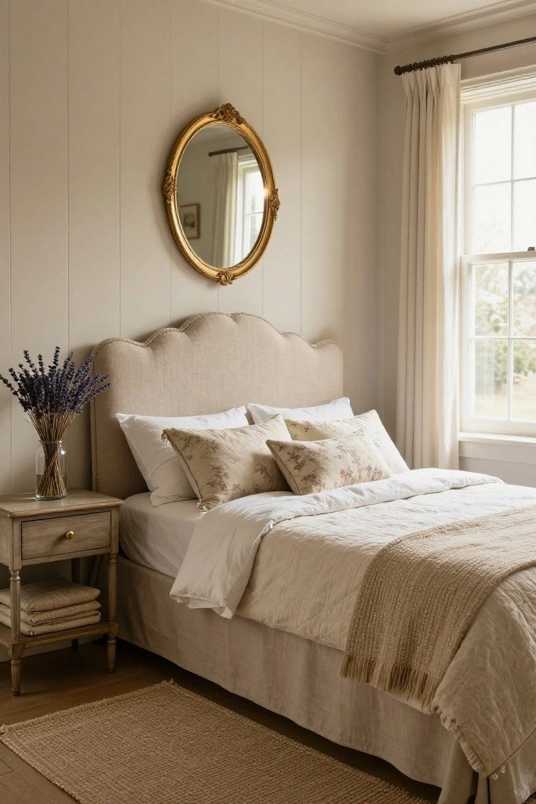 Beige upholstered bed with scalloped headboard, white bedding, nightstand with lavender bouquet, gold-framed mirror on wall, sheer curtains at window, and light wood floor in bedroom.