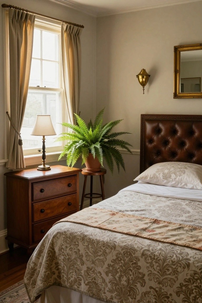 Bedroom with brown tufted leather upholstered headboard, white sheets and brocade bedspread, wooden dresser with lamp, potted fern plant, and window with beige curtains.