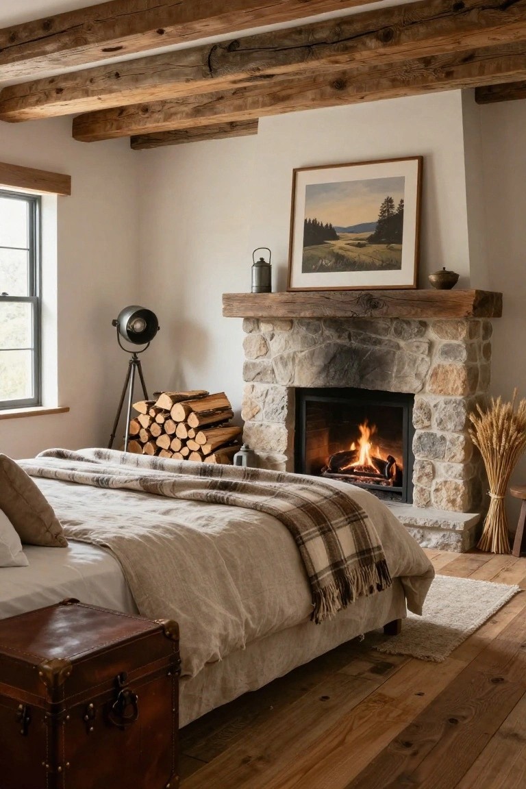 Bedroom with upholstered bed draped in white linens and plaid blanket beside a lit stone fireplace, wood beam ceiling, firewood stack, tripod lamp, and landscape painting on wall.