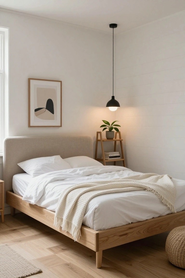 Bedroom with beige fabric-upholstered headboard on light oak bed frame, white bedding and cream throw, wooden ladder shelf holding potted plant and stacked books, black pendant light, white shiplap walls, and light hardwood floors.