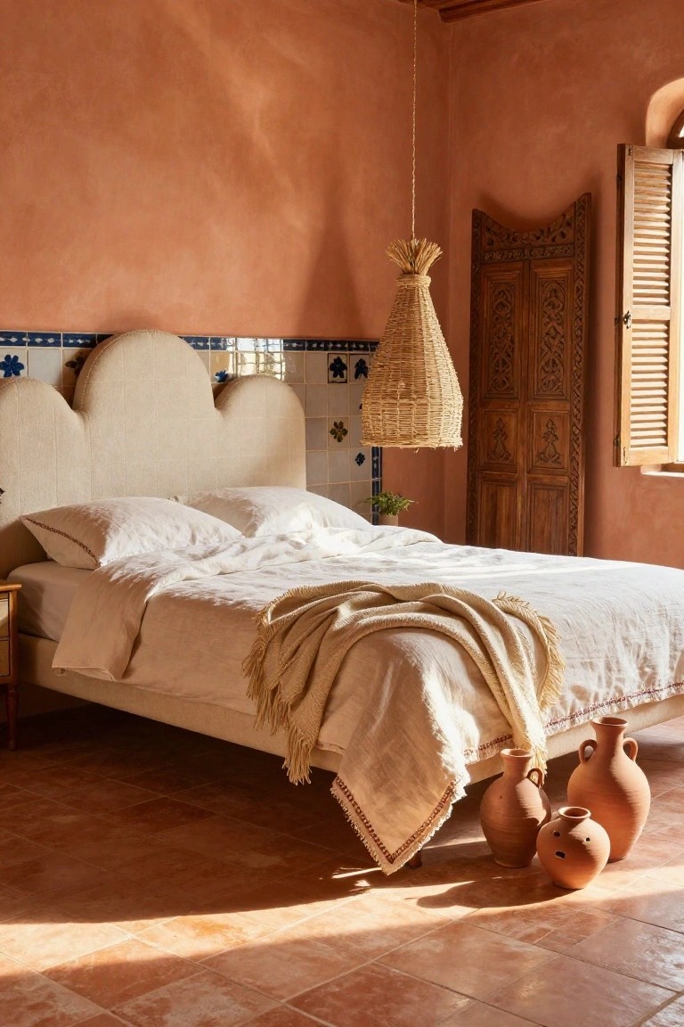Bedroom with cream upholstered bed frame featuring wavy cloud-shaped headboard, white linens and throw, terracotta walls with blue tile border, rattan pendant light, carved wooden screen, open wooden shutters, potted plant, and terracotta vases on terracotta tile floor.