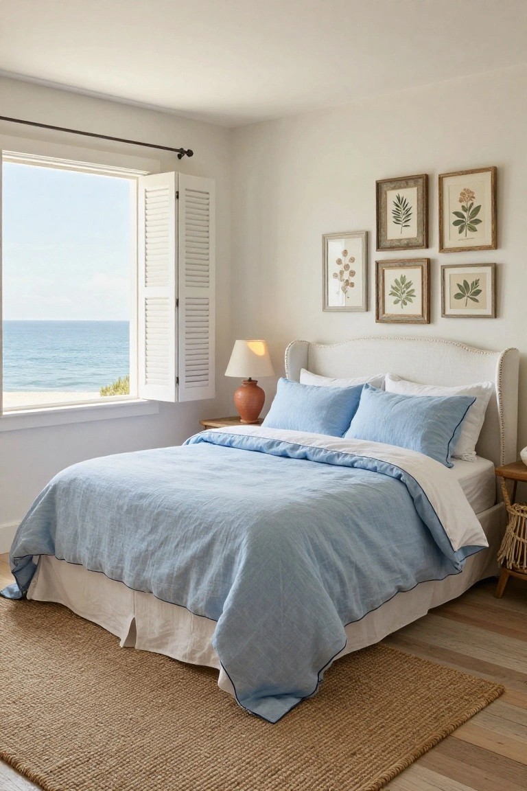 Bedroom with white fabric-upholstered headboard bed covered in light blue linen duvet and pillows, terracotta lamp on wood side table, four botanical prints on beige wall, open shutters on window showing ocean view, seagrass rug on wood floor.