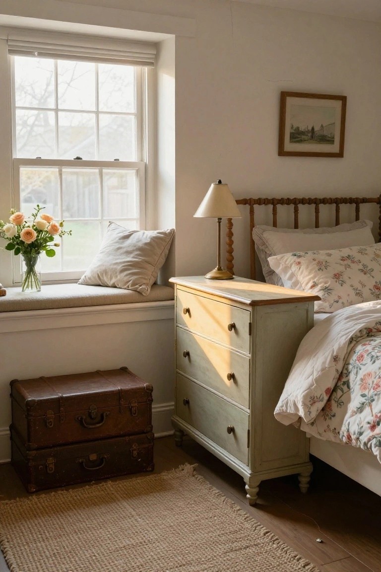 Cozy bedroom with sage dresser, floral bedding, window seat, and stacked trunks.