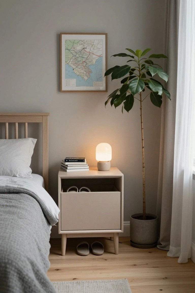 A bedroom corner with a wooden nightstand, glowing lamp, plant, and bed.