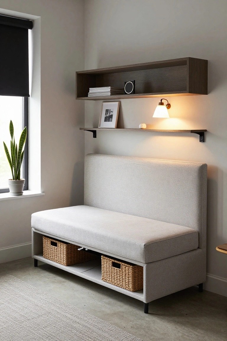 A light gray upholstered bench with woven storage baskets underneath sits below floating shelves in a room with a window on the left.