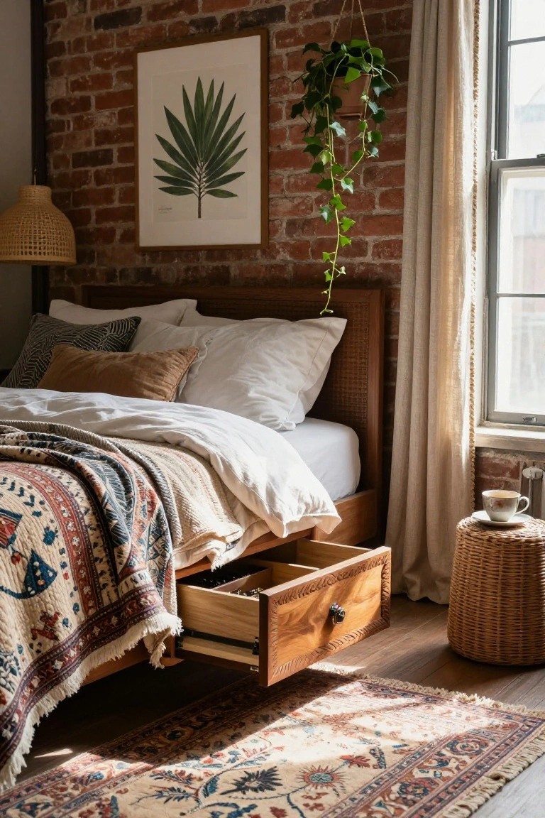 A bedroom with a wooden bed frame, an open storage drawer pulled out from under the mattress, white bedding, a brick wall, and a hanging plant near the window.