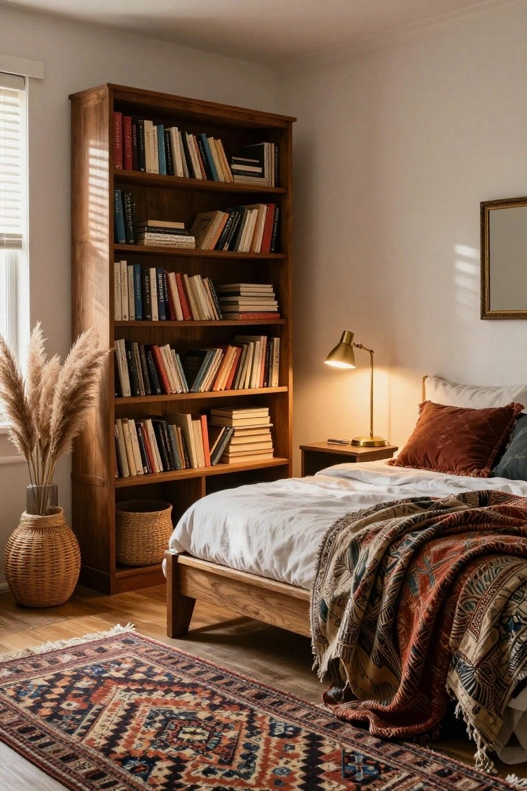 Cozy bedroom with wooden bookshelf, bed, and patterned rug in warm light.