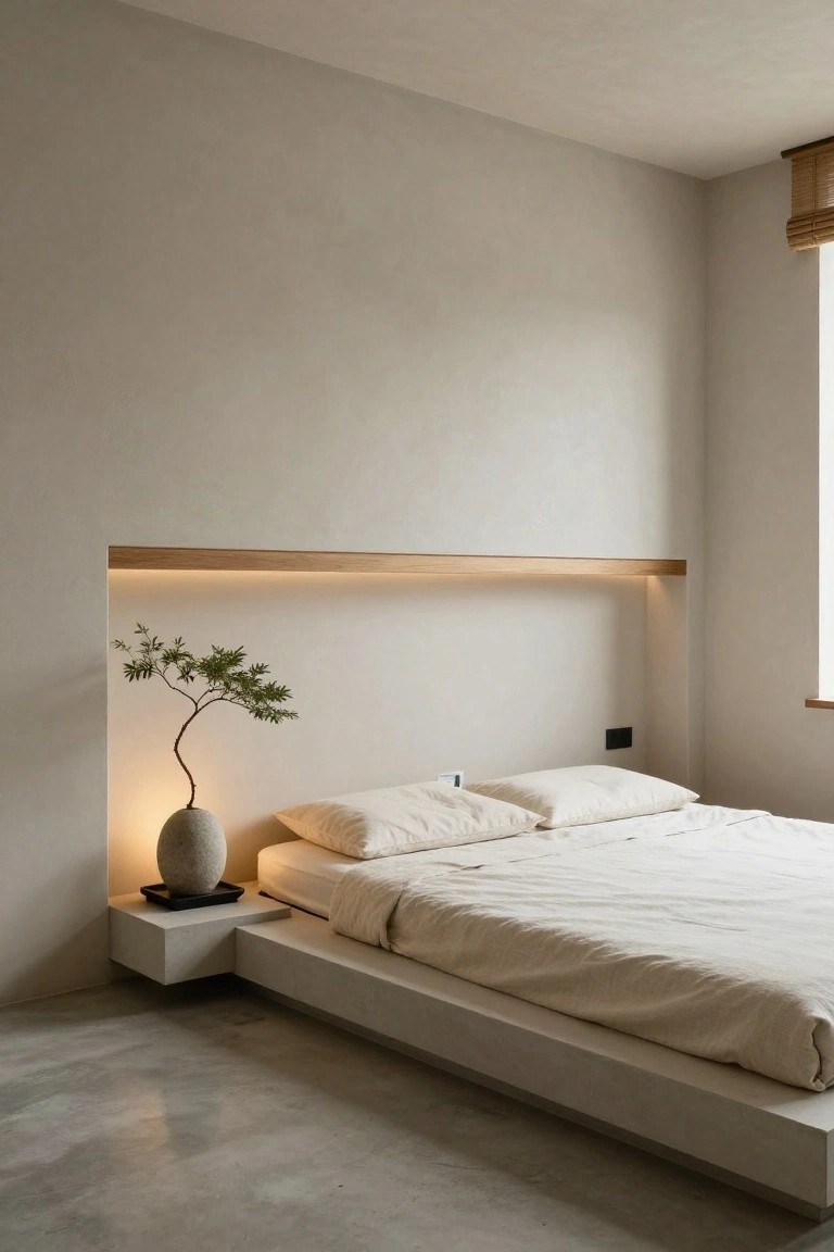 Minimalist bedroom with floating concrete bed and glowing recessed headboard.