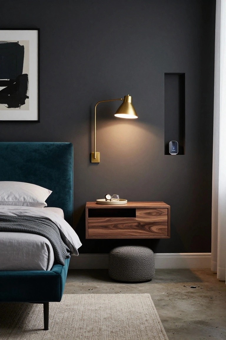 A bedroom with a teal upholstered bed, a floating wooden nightstand with a drawer and open compartment, and a brass wall lamp above it.
