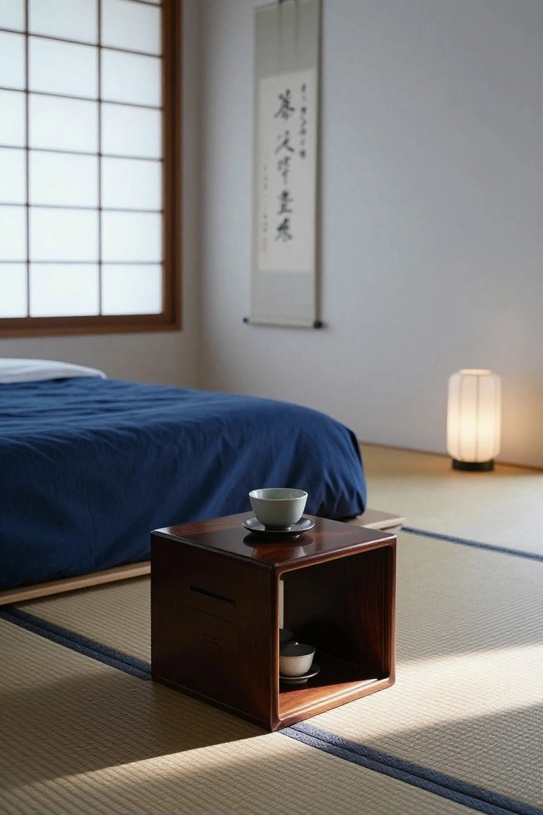 Wooden bedside table holding teacup on tatami mat beside blue bed.