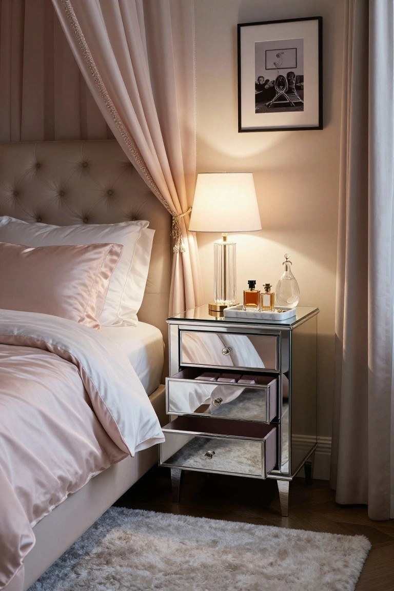 Elegant bedroom with mirrored nightstand, pink linens, and glowing lamp.