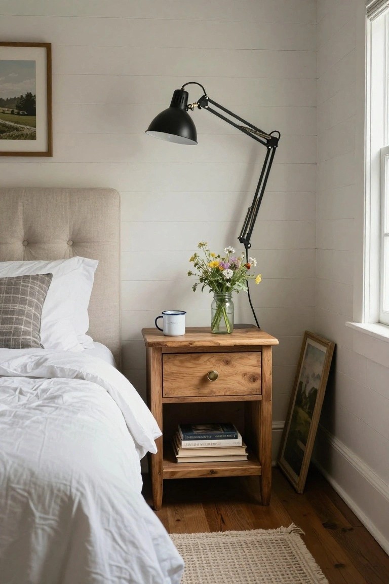 A wooden bedside table with one drawer and an open lower shelf holding stacked books, placed next to a bed with white bedding and a black adjustable lamp on top.