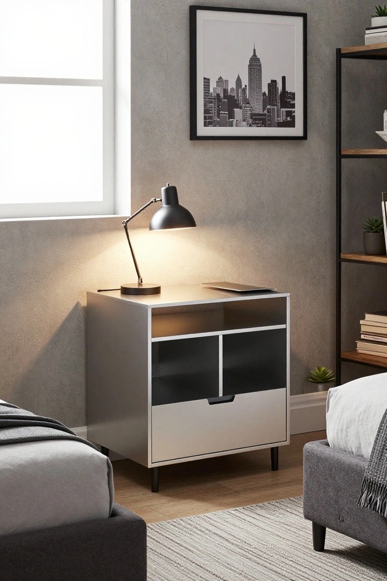 A modern metallic bedside table with a bottom drawer and open upper compartments, topped with a black lamp, placed next to a bed in a bedroom.