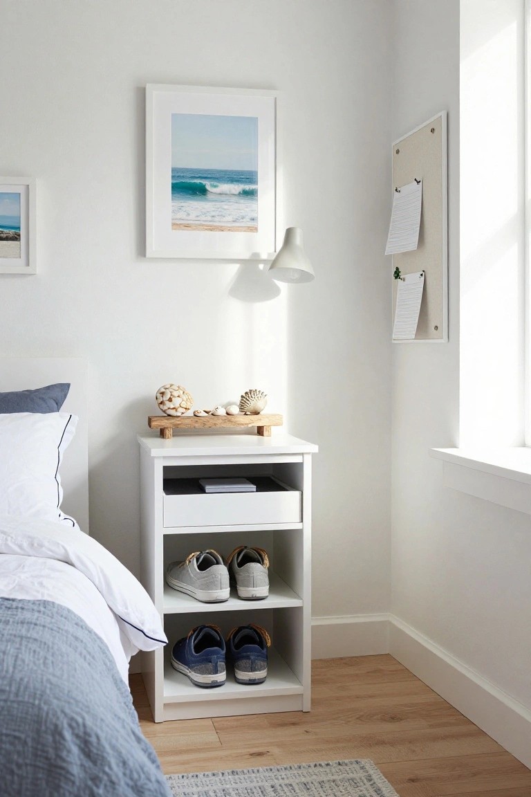 White nightstand with seashells, shoes, and lamp beside a bed.