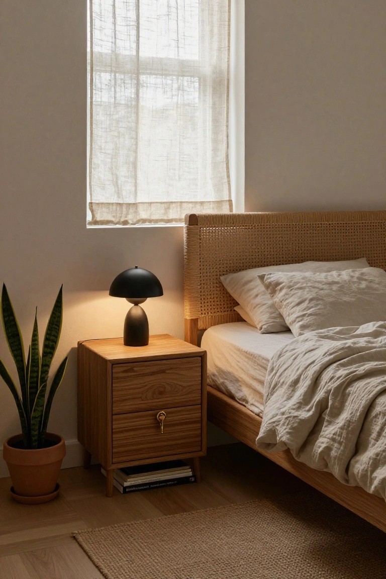 Minimalist bedroom with wooden nightstand, black lamp, and woven bed.