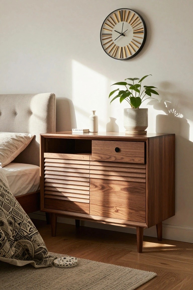 Wooden mid-century nightstand with drawer beside upholstered bed and plant.