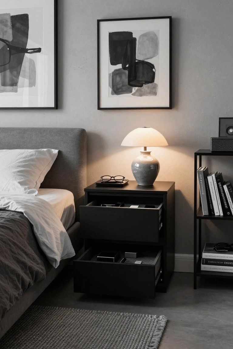 A bedroom scene showing a black nightstand with two open drawers beside a bed, with a lit lamp and glasses on top.