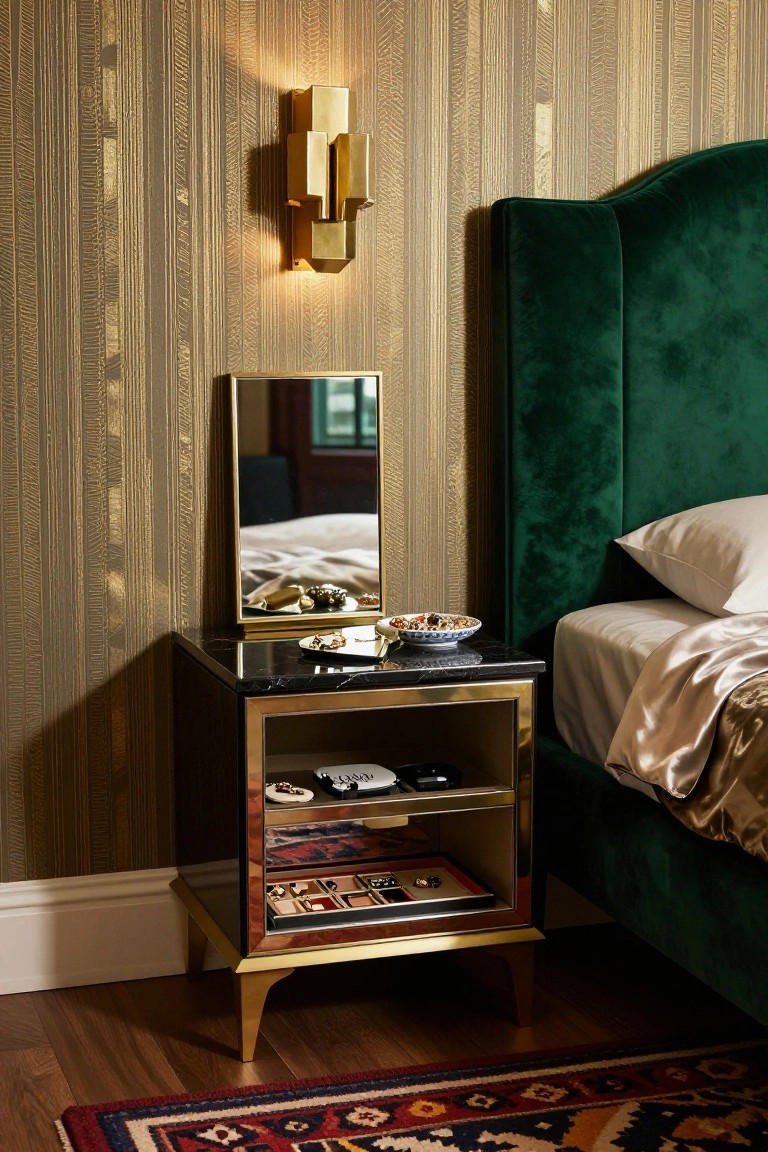 Elegant gold nightstand with mirror beside green velvet bed.