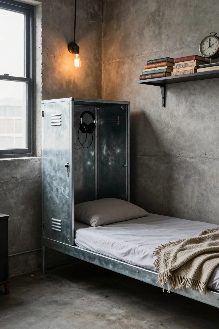 Industrial bedroom with metal locker bed, books, clock, and concrete walls.
