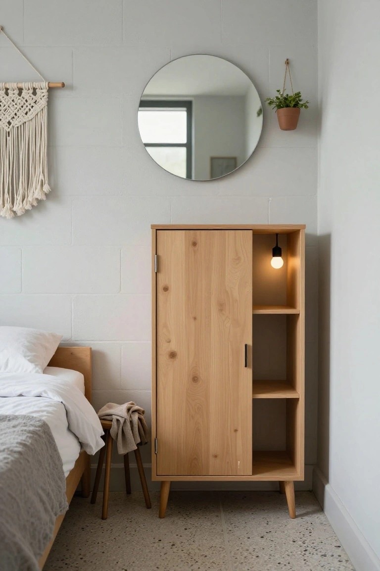 A light wood cabinet with one closed door and open shelves stands beside a bed in a simple bedroom.