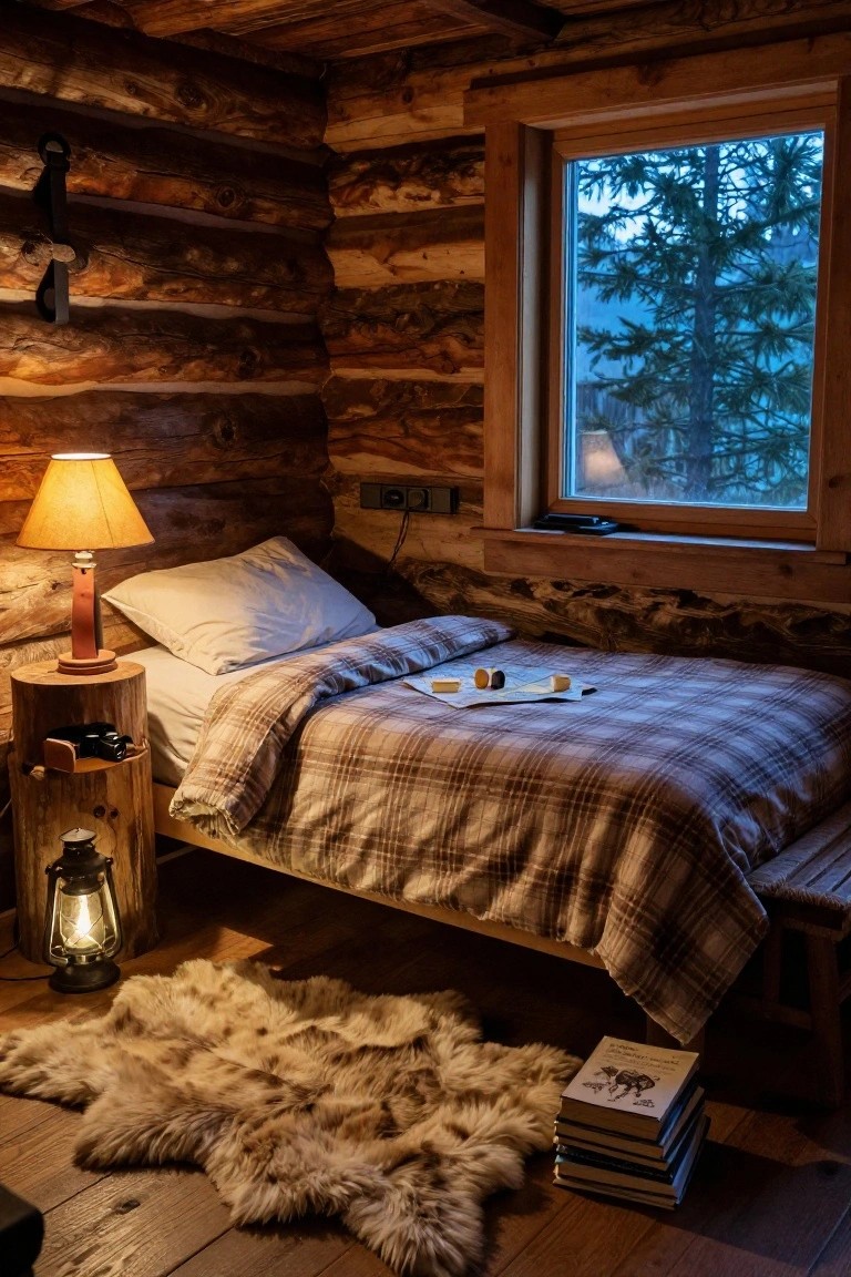 A rustic wooden log stump used as a bedside table beside a bed in a log cabin bedroom, topped with a lit lamp and a small opening holding a camera.