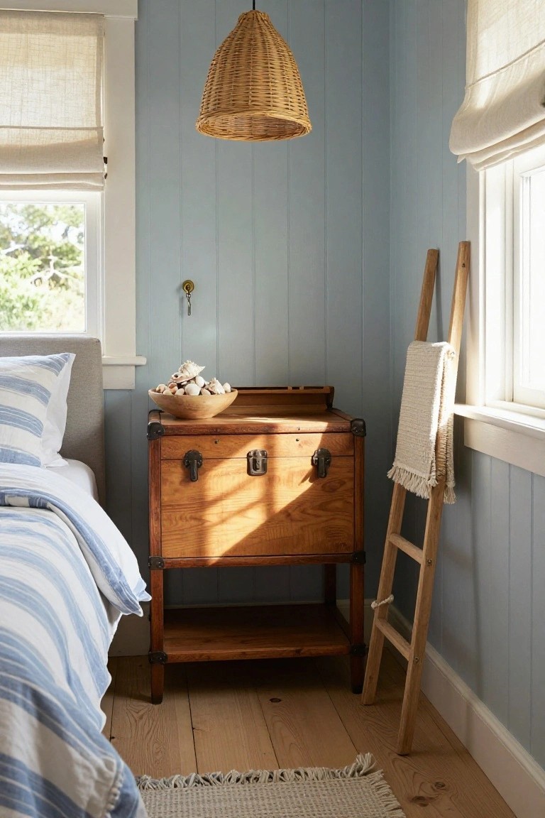 Coastal bedroom with wooden trunk, woven lamp, and blue paneled walls.