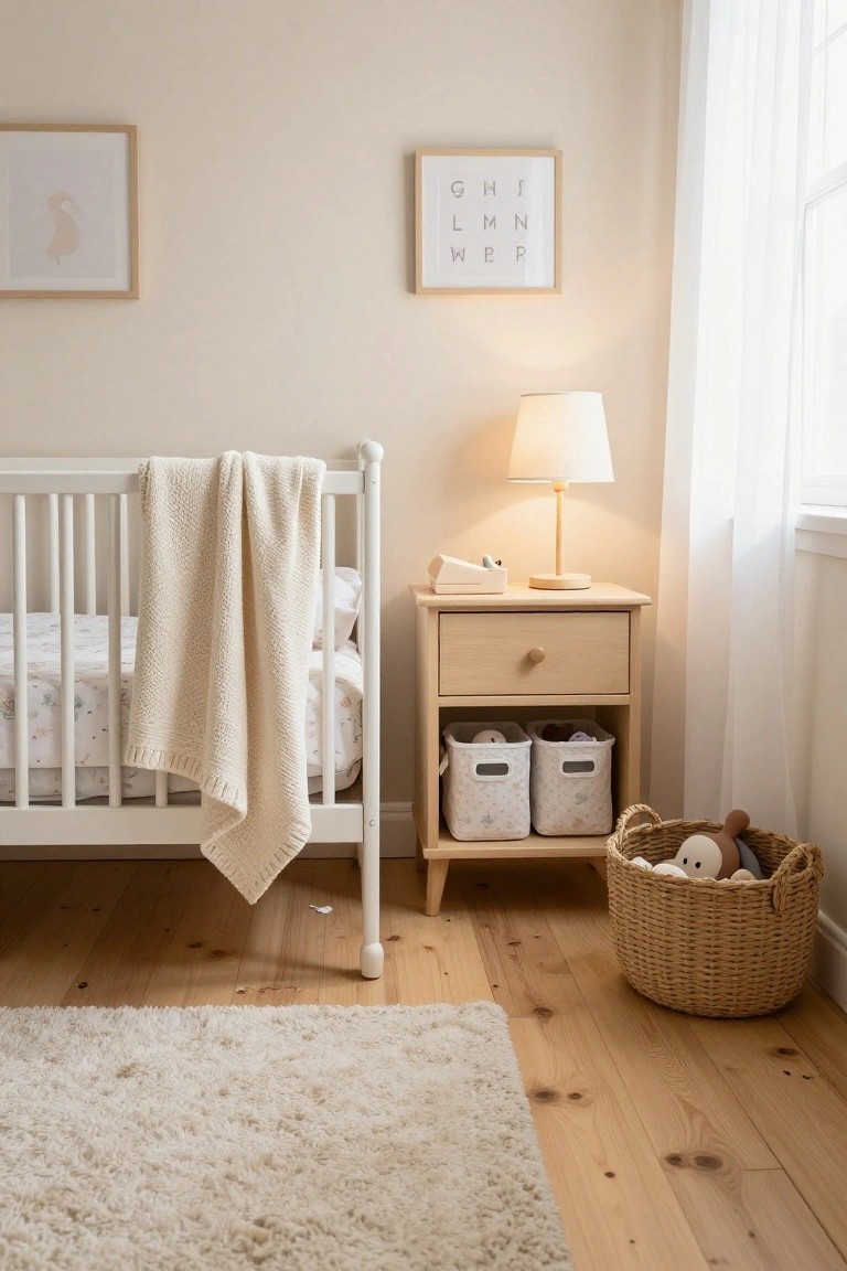 A light wood nightstand with a drawer and lower open shelf holding two fabric bins sits beside a white crib in a simple nursery.