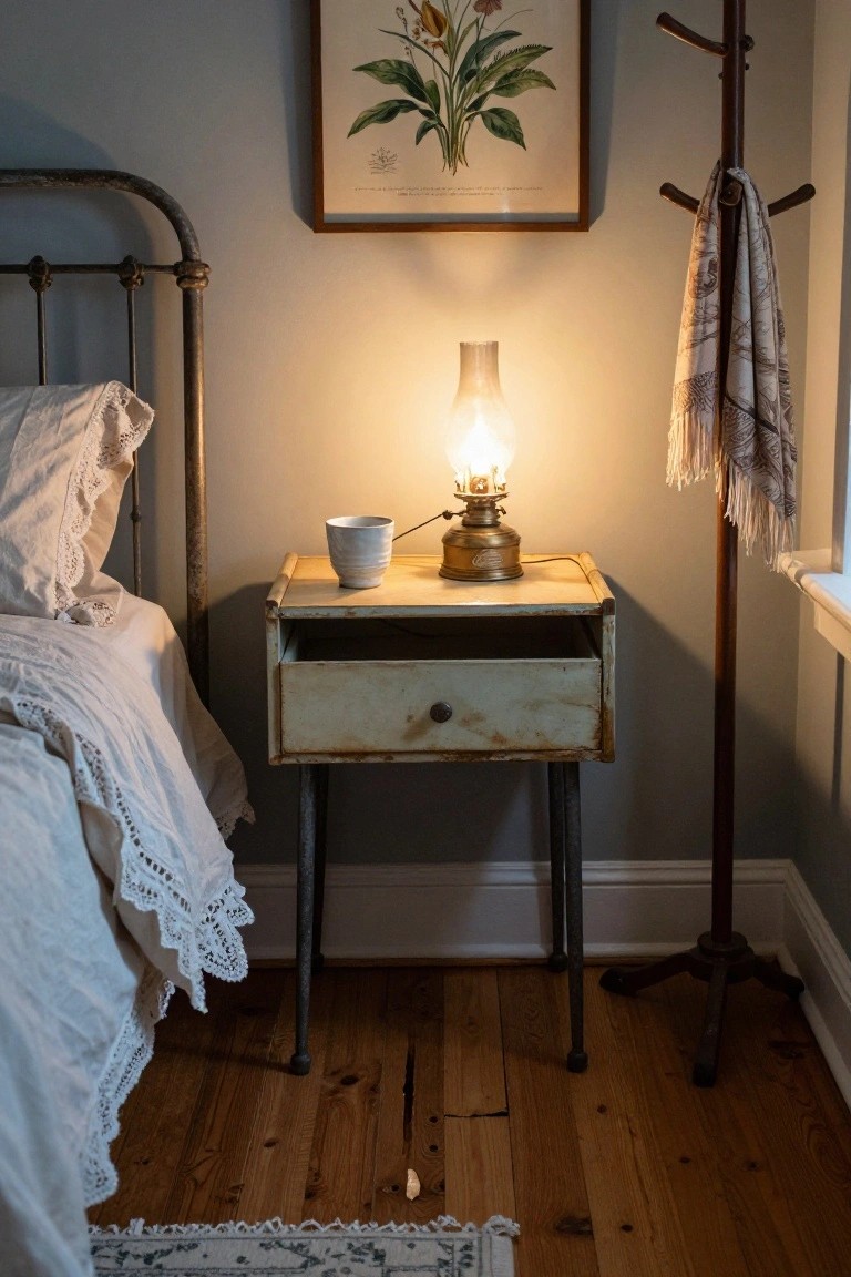 A rustic metal bedside table with an open drawer sits next to a bed with white linens, holding a lit oil lamp and a small cup.