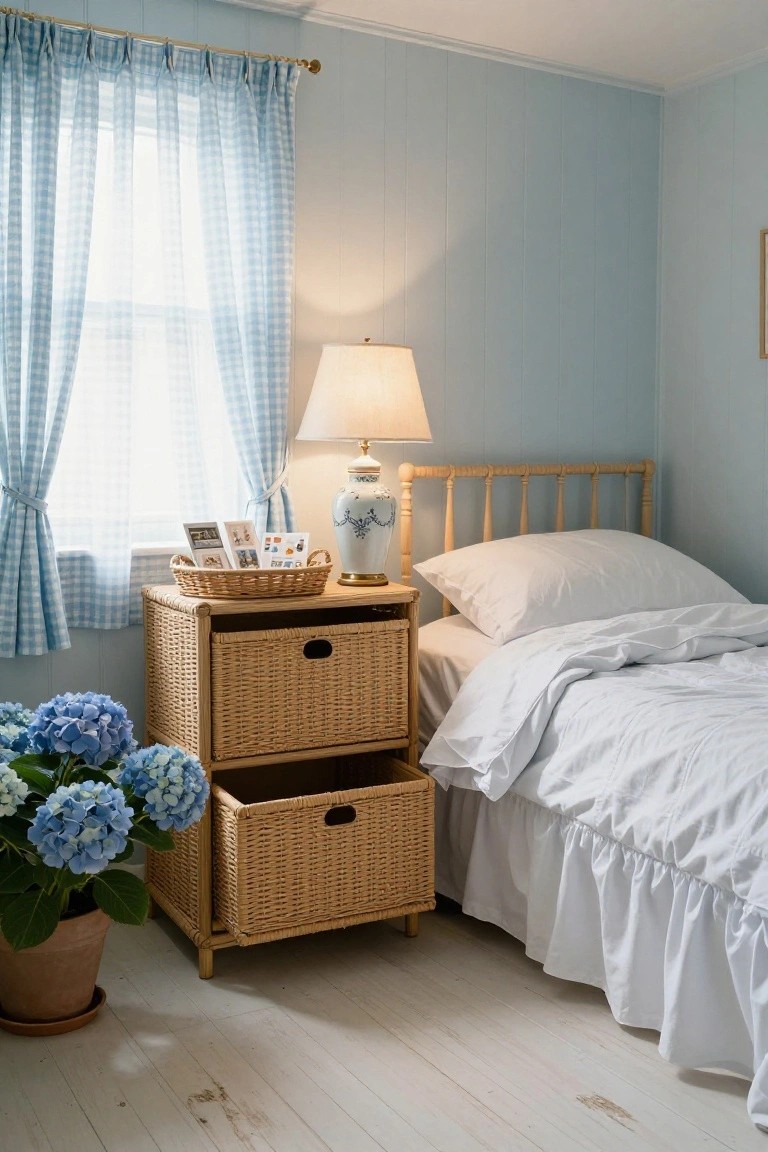 A bedroom with light blue walls has a two-drawer wicker basket nightstand beside a bed with white bedding and a lamp on top.