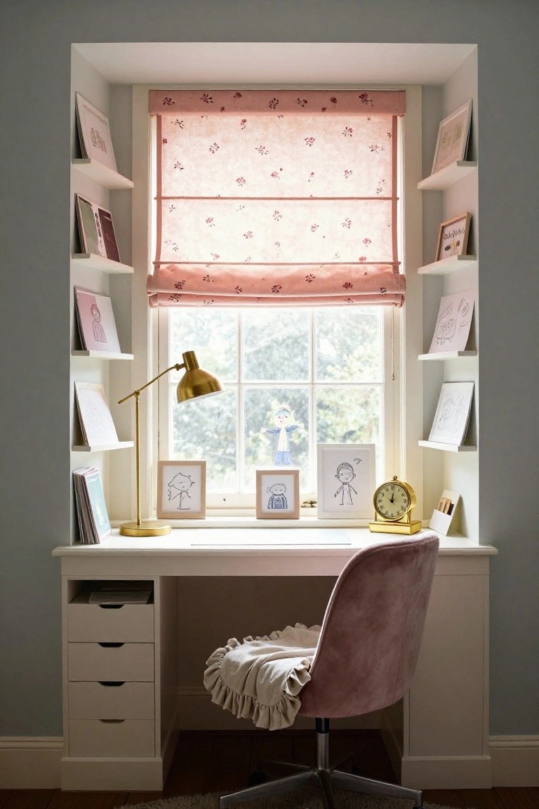 White desk in a shallow window alcove flanked by floating white shelves holding books, picture frames, and drawings, with a pink velvet chair, gold desk lamp, clock, and pink floral Roman shade on the multi-paned window.