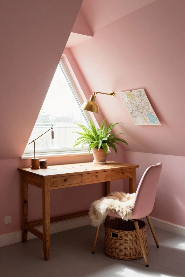 Attic home office with blush pink walls, wooden desk, pink velvet chair draped with sheepskin throw, two desk lamps, potted fern plant, map poster, and skylight window.