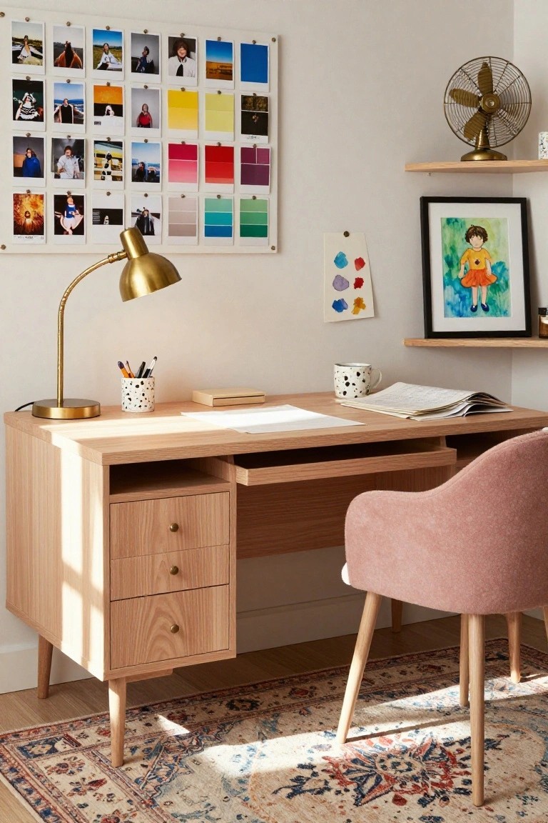 Light oak wood desk with drawers and open keyboard tray in a home office, paired with blush pink velvet armchair, gold adjustable lamp, colorful pinned photos and paint swatches on wall, polka dot mug, and framed painting on shelf.