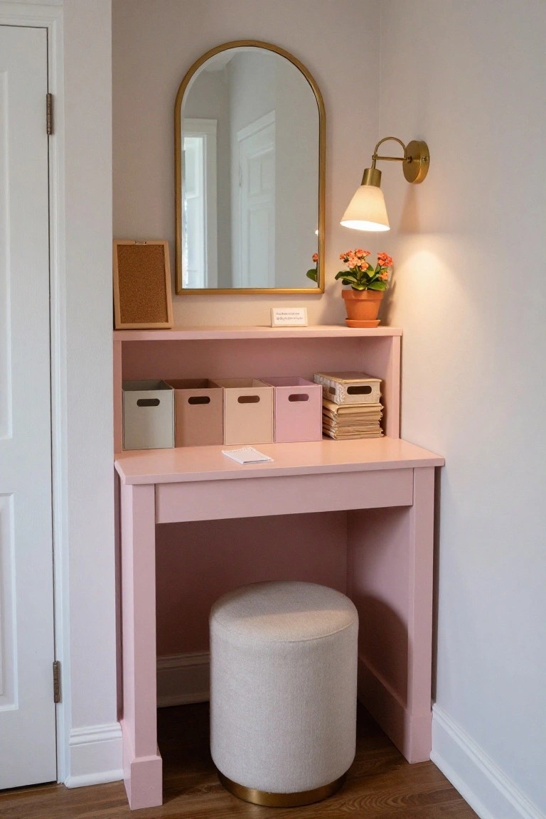 Corner blush pink desk with open shelf holding storage boxes, corkboard, and potted orange flower plant, arched gold mirror, gold sconce lamp, notepad on surface, and cream fabric pouf stool with gold base in light beige room with white door.