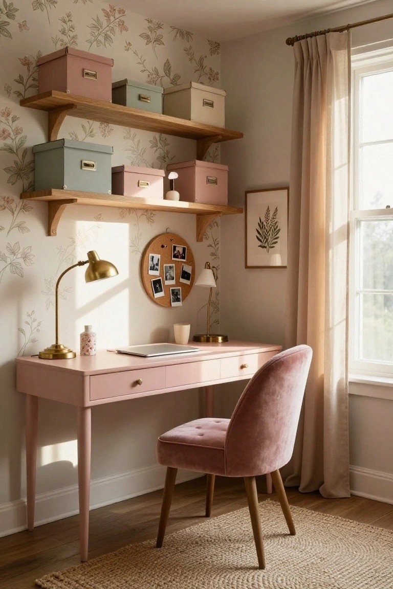 A home office with blush pink wood desk, pink velvet swivel chair, wooden floating shelves holding pastel storage boxes, two desk lamps, corkboard with photos, floral wallpaper, and sheer curtains on a window.