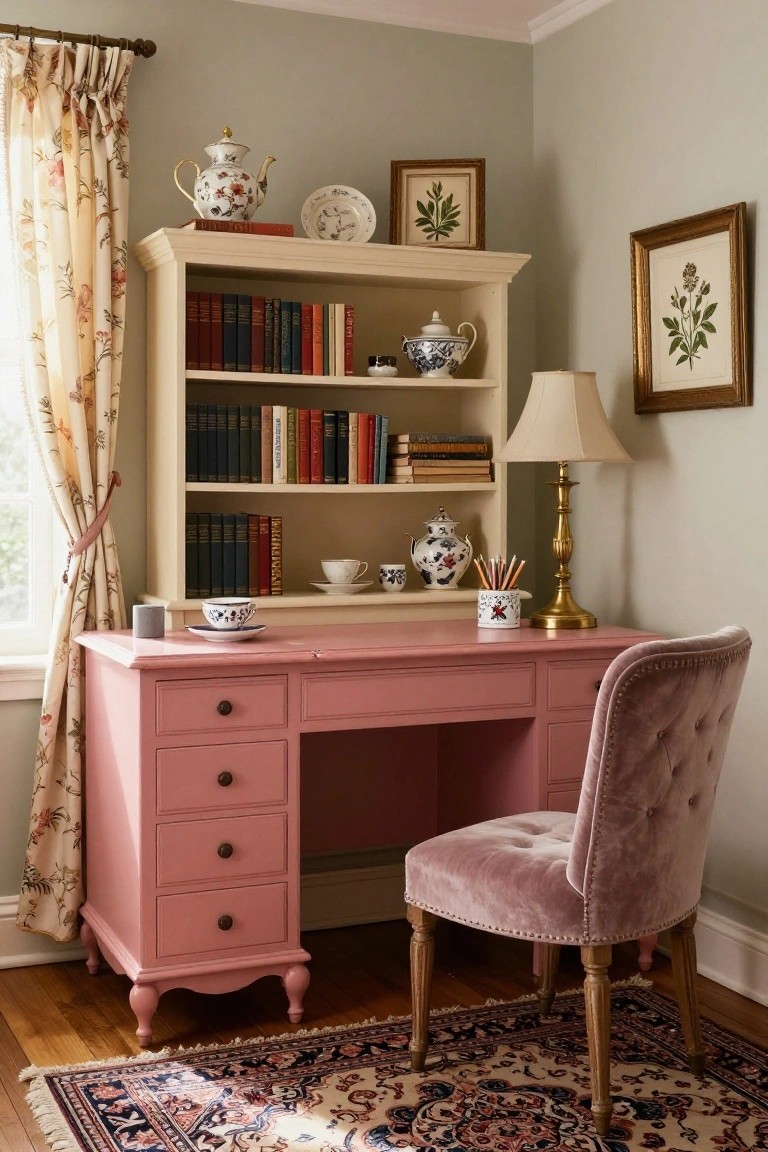 Corner home office setup featuring a painted pink wooden desk with drawers, pink velvet tufted chair, wooden bookshelf stocked with books and blue-and-white porcelain teapots and cups, brass lamp, and sheer floral curtains on a window in a pale green room.