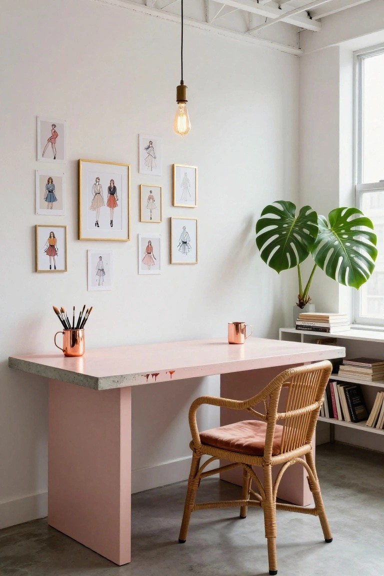 Home office corner with a pink-legged concrete-top desk, rattan armchair, fashion illustration frames on white walls, monstera plant in a pot, copper mug, and brushes on the desk.
