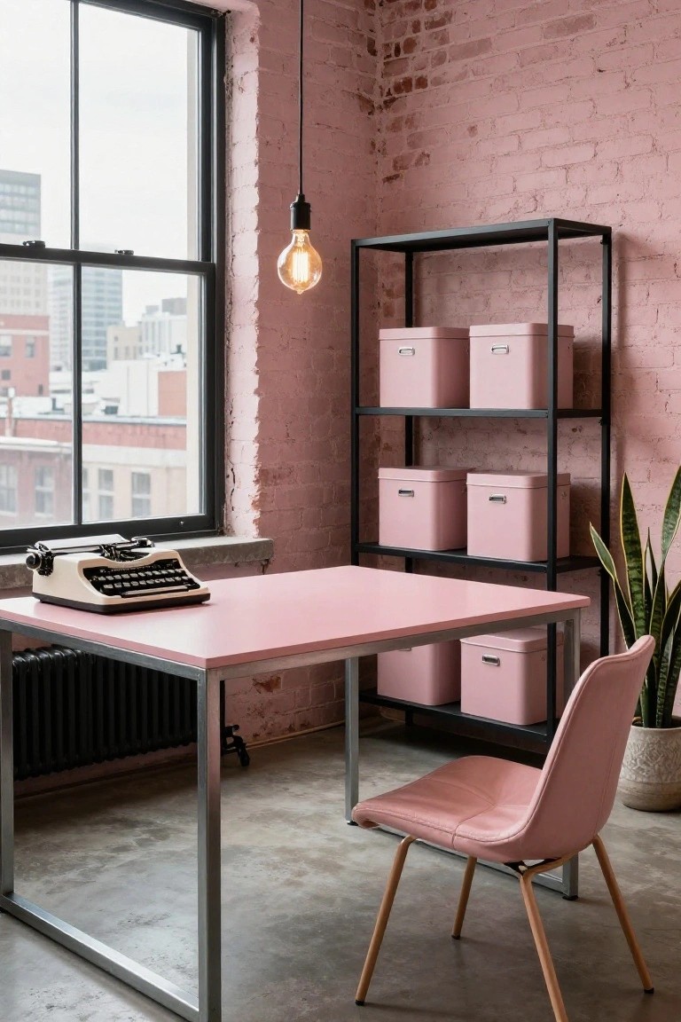 Blush pink desk with vintage typewriter on top, matching pink chair, black metal shelves with pink storage boxes, exposed pink brick walls, radiator, snake plant in pot, and large window overlooking city buildings in an office room.