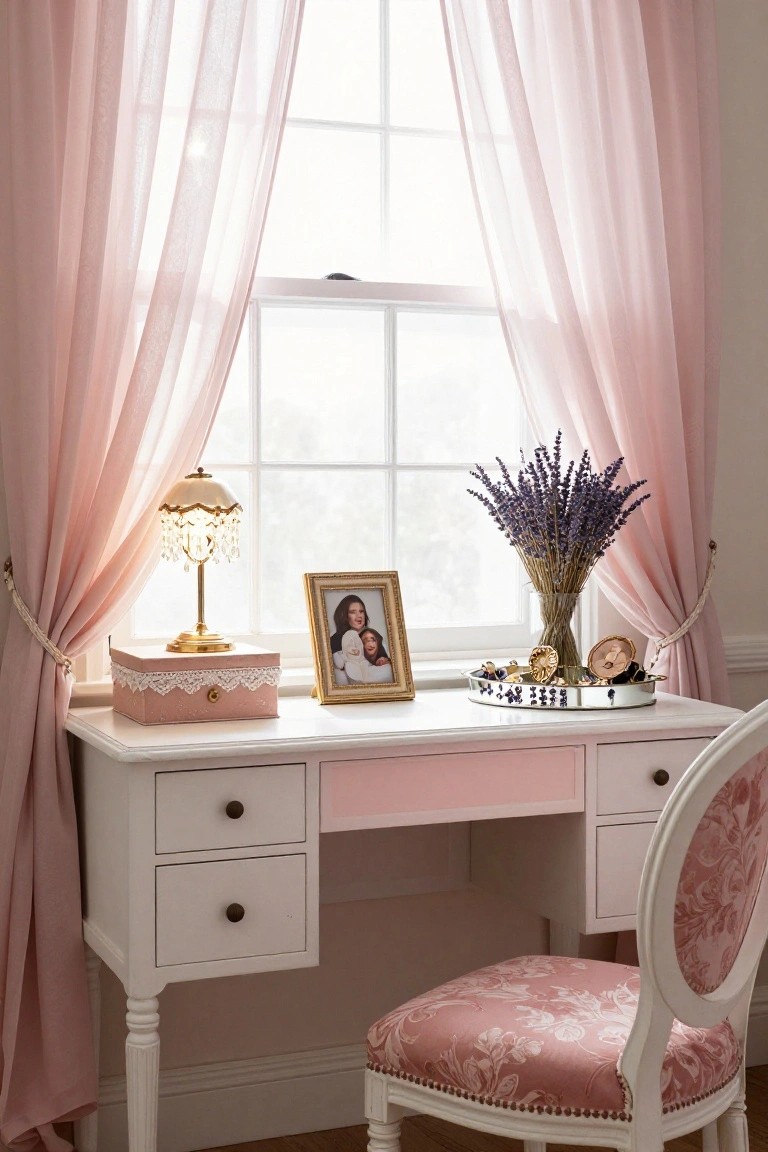 White desk with drawers in front of a window with sheer pink curtains, pink upholstered chair, gold lamp with fringe, lavender bouquet in glass vase, pink lidded box, framed photo, and silver tray with jewelry on the desk top.