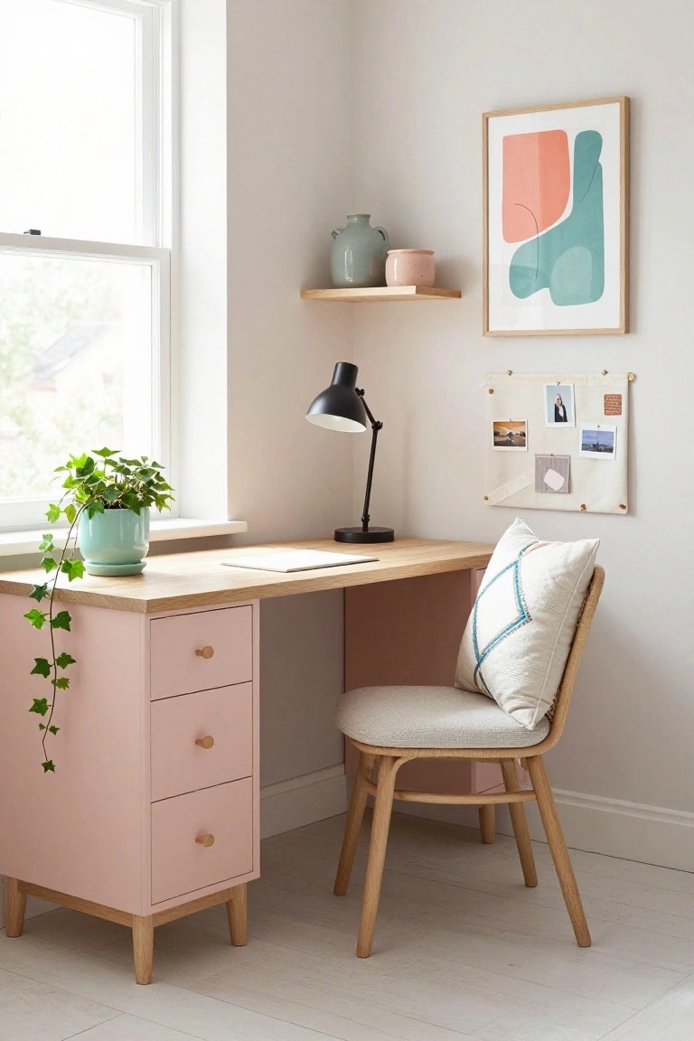 Blush pink desk with oak wood top and three-drawer pedestal, ivy plant in teal pot on desk, black desk lamp, rattan chair with white pillow, bulletin board, and abstract art on wall in light corner room.